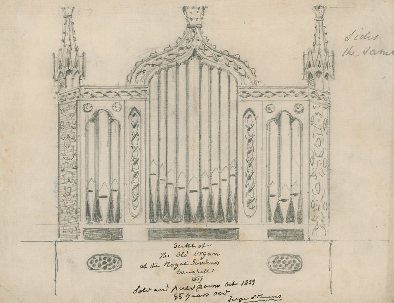 Boceto del viejo órgano en los Jardines Reales (Jardines de Vauxhall, Londres) de English School