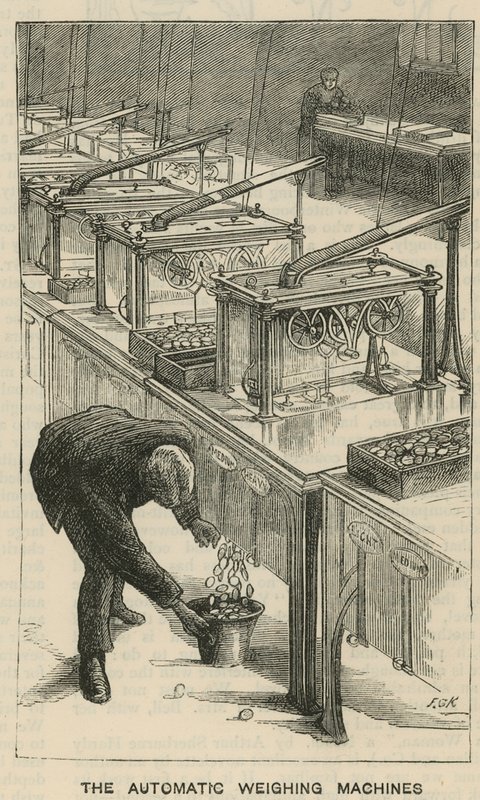Bocetos en la Real Casa de la Moneda, Tower Hill; las máquinas de pesaje automáticas de English School