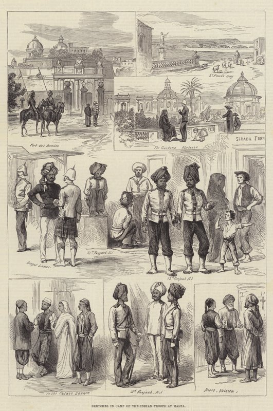 Bocetos en el Campamento de las Tropas Indias en Malta (grabado) de English School