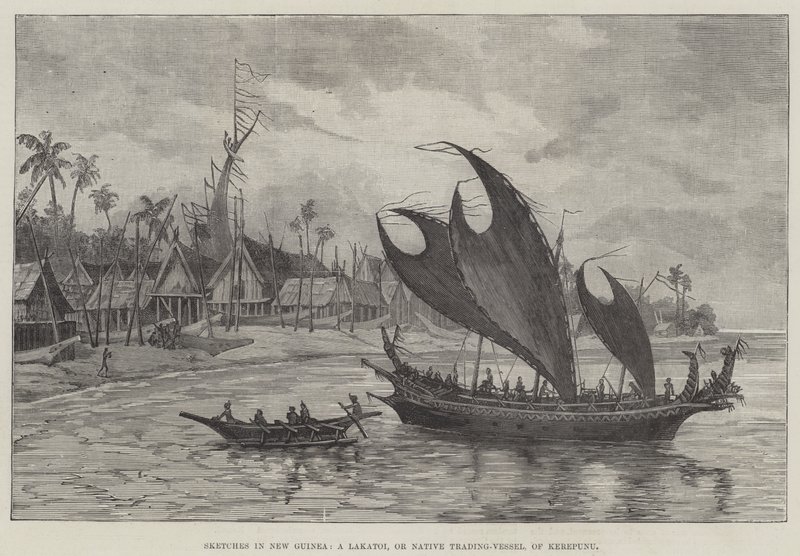 Bocetos en Nueva Guinea, un Lakatoi, o Barco Comercial Nativo, de Kerepunu de English School