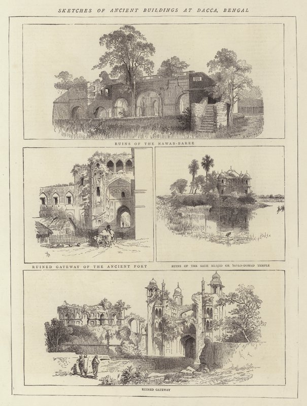 Bocetos de edificios antiguos en Dacca, Bengala (grabado) de English School