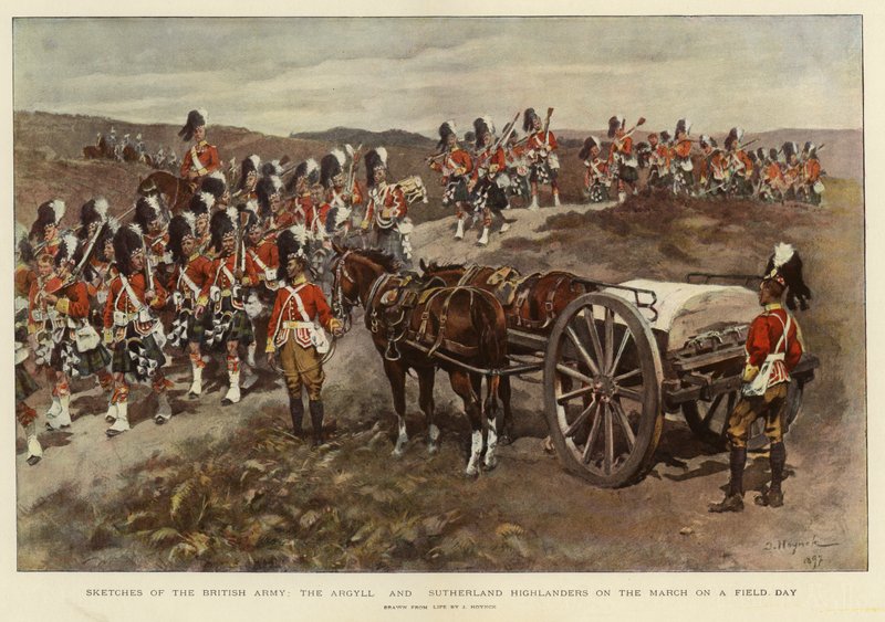 Sketches of the British Army, the Argyll and Sutherland Highlanders on the March on a Field Day (litografía en color) de English School
