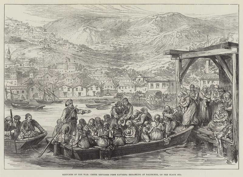 Bocetos de la guerra, refugiados griegos de Kavarna embarcando en Baltschik, en el Mar Negro (grabado) de English School