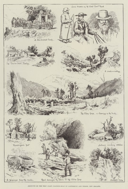 Bocetos en la Ruta de Carruajes de la Costa Oeste de Canterbury y Nelson, Nueva Zelanda de English School