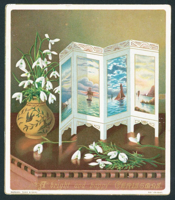 Campanillas de invierno y pantalla en la mesa, tarjeta de Navidad de English School