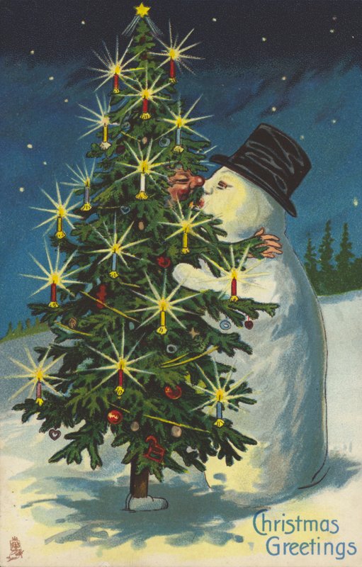 Muñeco de nieve y árbol de Navidad besándose (chromolitho) de English School
