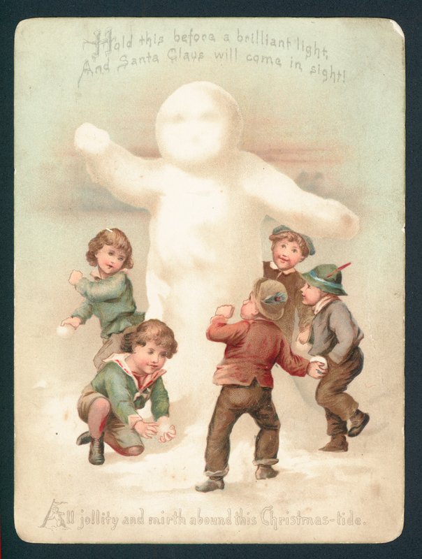 Muñeco de nieve, niños y bolas de nieve, tarjeta de Navidad de English School