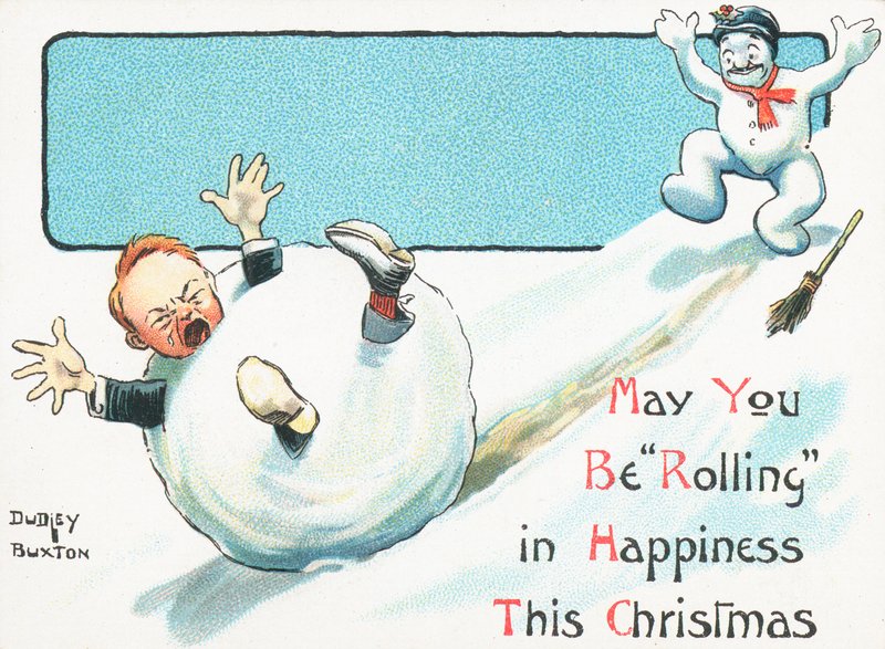Muñeco de nieve empujando a un niño dentro de una bola de nieve colina abajo, tarjeta de Navidad de English School