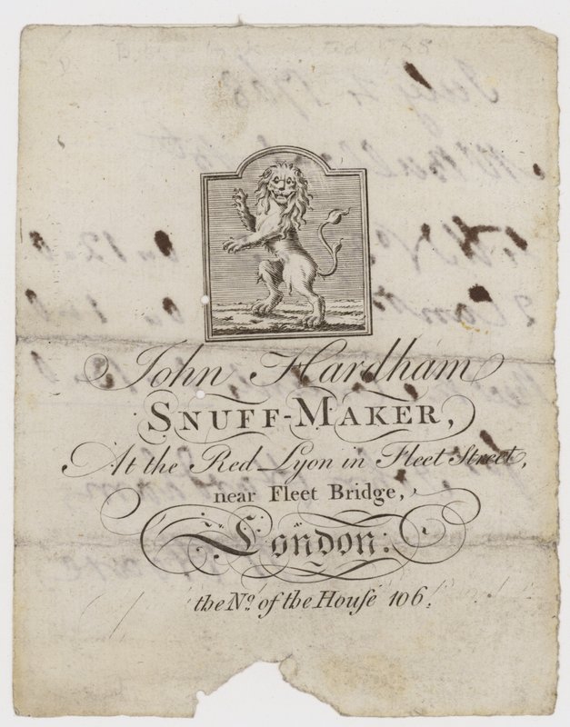 Tarjeta comercial de fabricante de rapé, John Hardham de English School