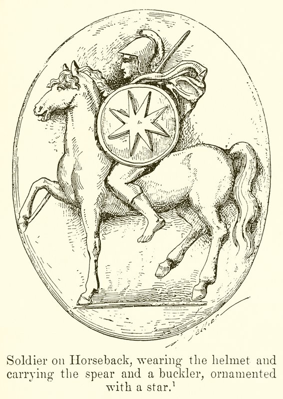 Soldado a caballo, con casco y portando lanza y escudo, ornamentado con una estrella de English School