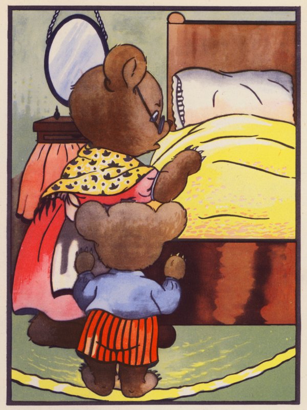 "¡Alguien ha estado durmiendo en mi cama!" (litografía en color) de English School