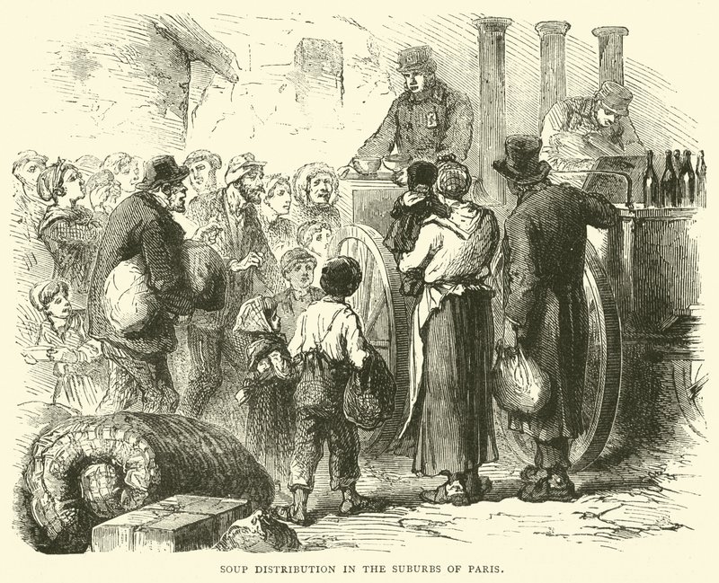 Distribución de sopa en los suburbios de París, diciembre 1870 de English School