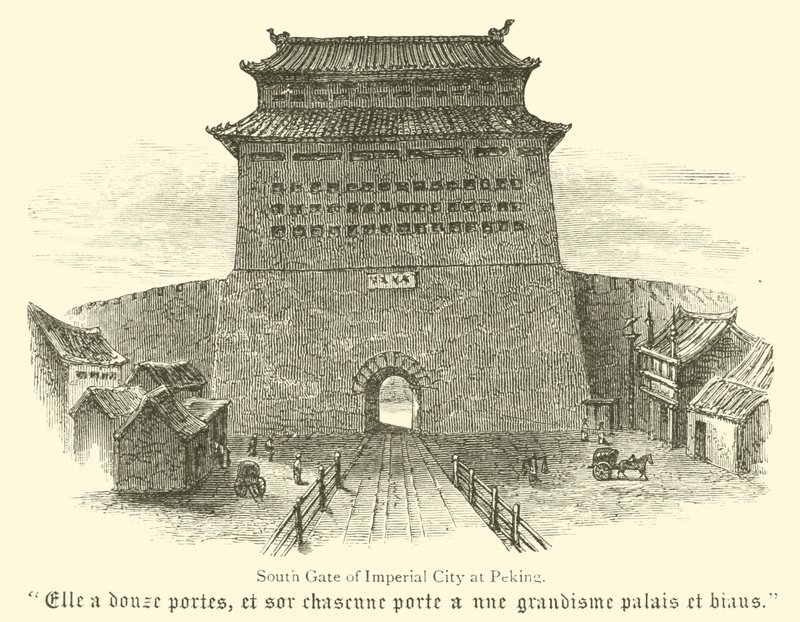 Puerta Sur de la Ciudad Imperial de Pekín (grabado) de English School