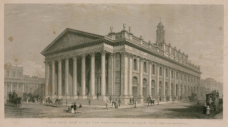 Vista suroeste del nuevo Royal Exchange, Londres de English School