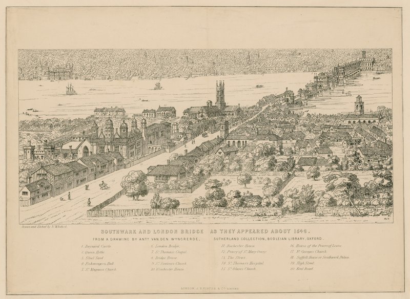 Southwark y el Puente de Londres como aparecían alrededor de 1546 de English School