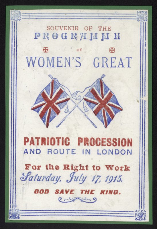 Programa de recuerdo de la procesión de mujeres por el derecho al trabajo, Londres, 17 de julio de 1915 de English School