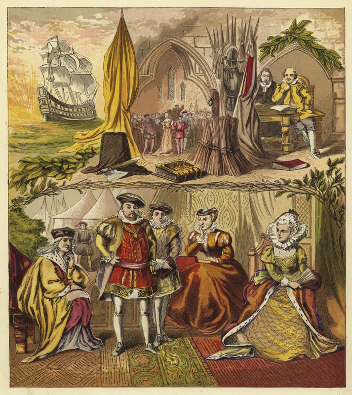 Soberanos de la línea Tudor; Rey Enrique VII, Rey Enrique VIII, Rey Eduardo VI, Reina María, Reina Isabel I de English School