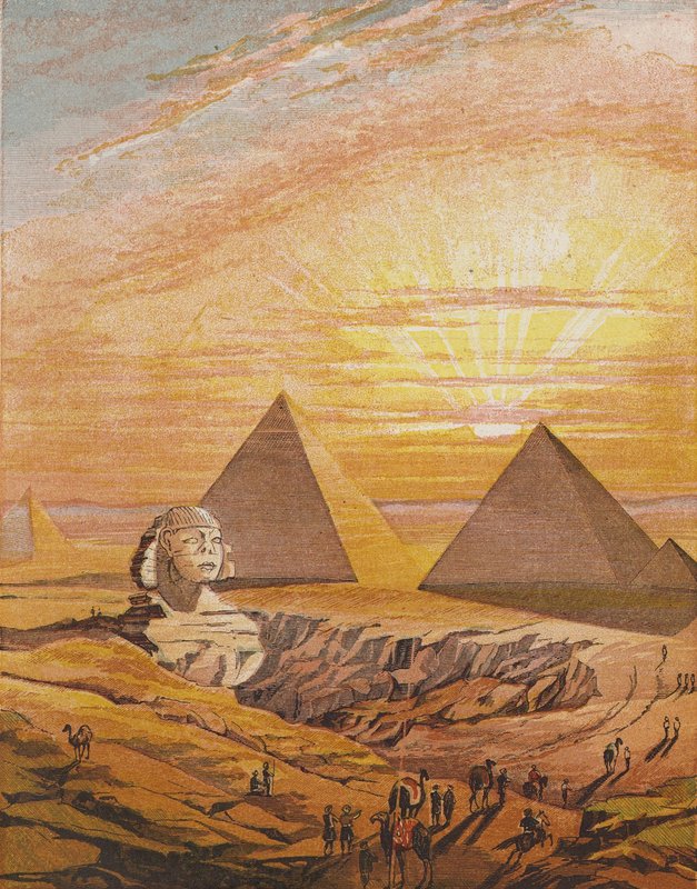 Esfinge y pirámides de Giza, Egipto (litografía en color) de English School
