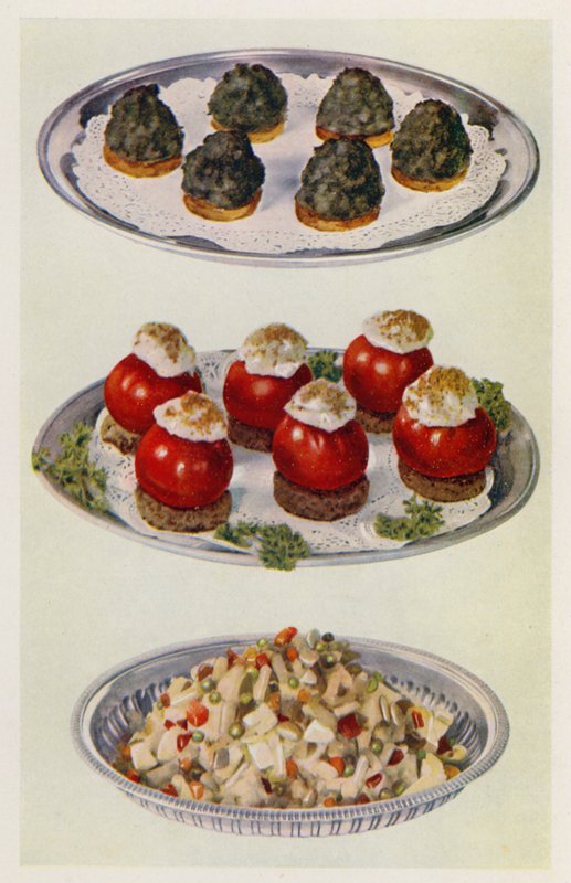 Espinacas a la crema; Tomates rellenos; Ensalada de verduras (litografía en color) de English School