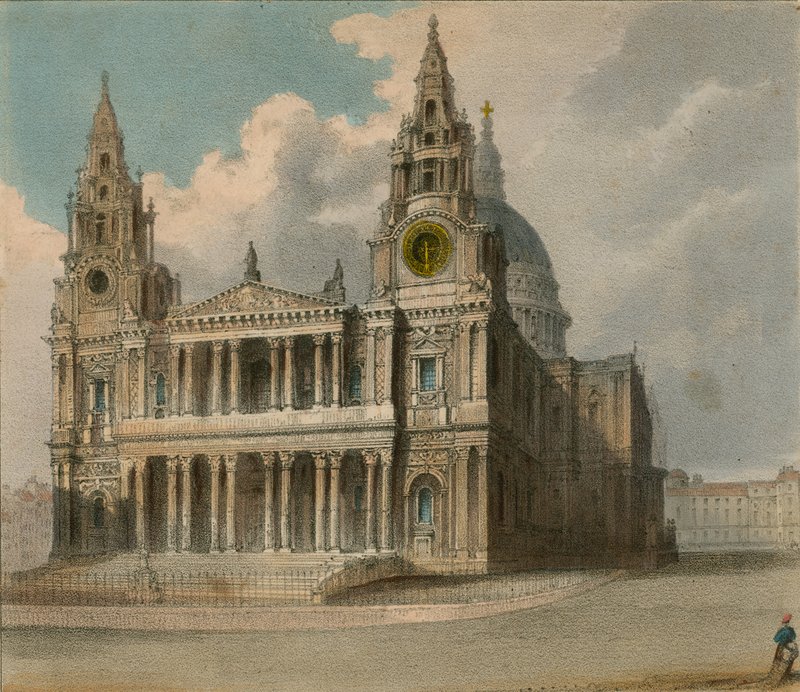 Vistas Proteicas de Spooner: Catedral de San Pablo, mostrando los puestos de las Compañías de la Ciudad y el Hospital de Cristo en la visita de la Reina al Ayuntamiento de English School