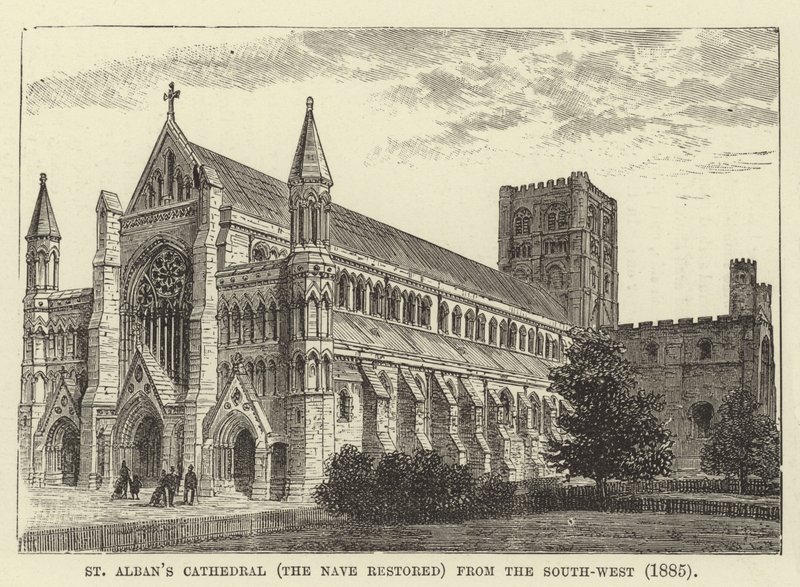 Catedral de St Albans, la nave restaurada, desde el suroeste, 1885 de English School