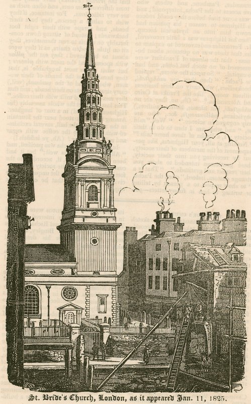 Iglesia de St Brides, Fleet Street, Londres, como apareció el 11 de enero de 1825 de English School