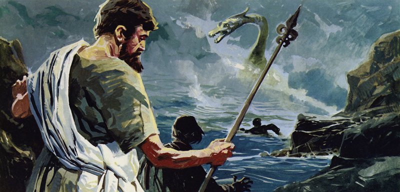 San Columba llegó al lago Ness y vio a un hombre que había sido herido por un gran monstruo acuático de English School