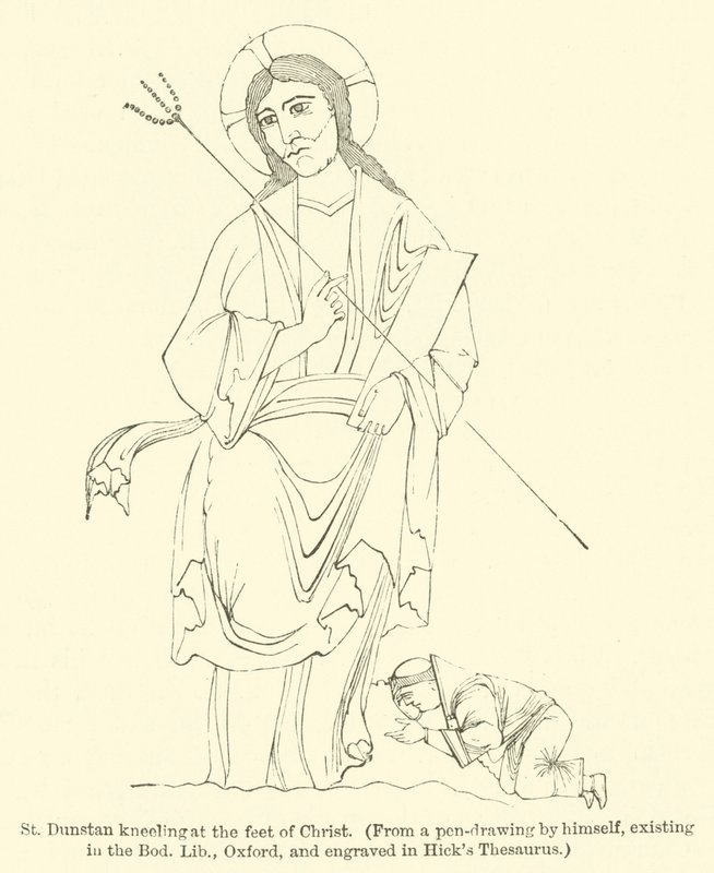 San Dunstan arrodillado a los pies de Cristo, de un dibujo a pluma por él mismo, existente en la Biblioteca Bodleiana, Oxford, y grabado en el Thesaurus de Hick de English School