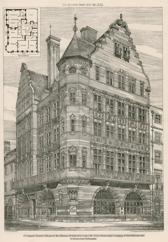 Oficinas sucursales de St James de la Alliance British & Foreign Life & Fire Assurance Company de Bartholomew Lane, Londres de English School