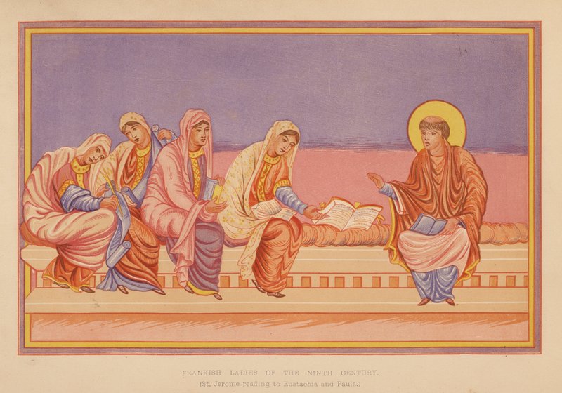 San Jerónimo leyendo a Eustaquia y Paula (litografía en color) de English School