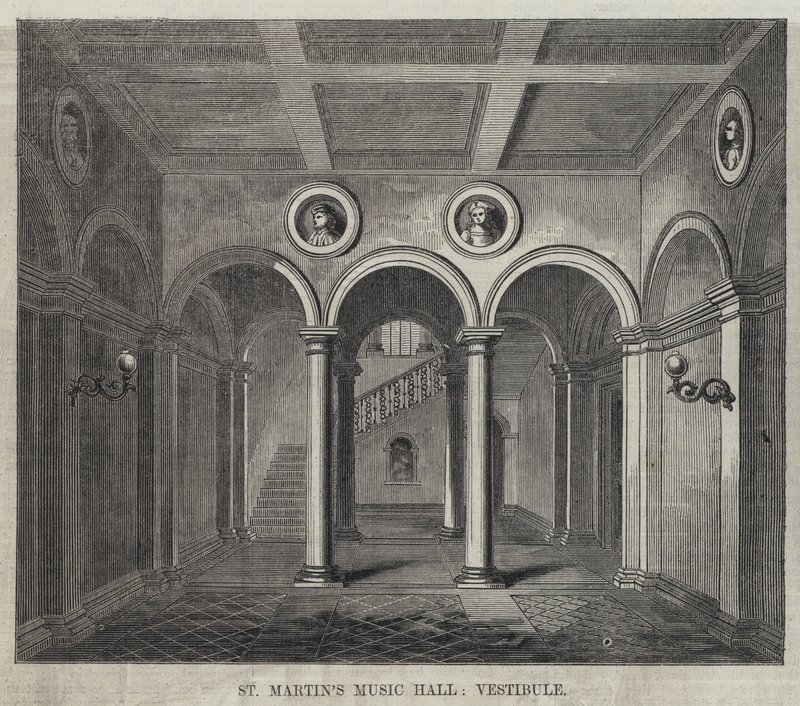 Vestíbulo del Salón de Música de St Martin (grabado) de English School