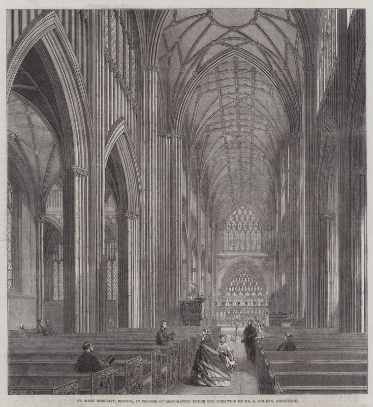 Santa María Redcliff, Bristol, en proceso de restauración bajo la dirección del Sr. G Godwin, arquitecto (grabado) de English School