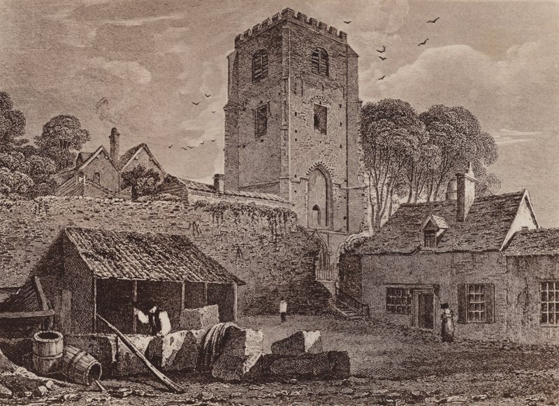 Iglesia de St Marys mostrando el antiguo muro 1824 (litografía) de English School