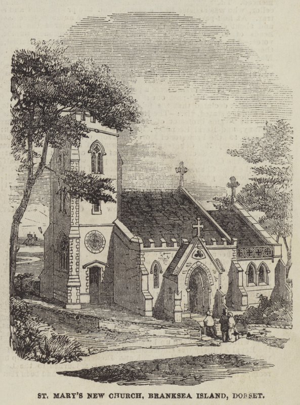 La Nueva Iglesia de Santa María, Isla Branksea, Dorset (grabado) de English School