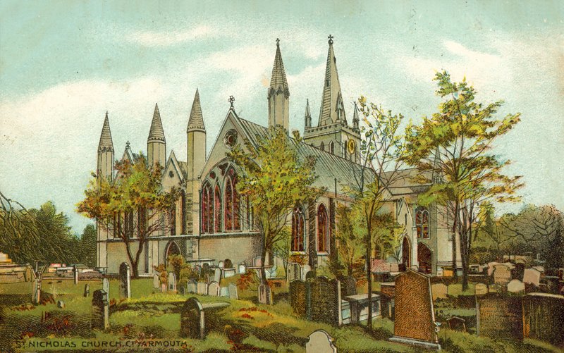 Iglesia de San Nicolás, Great Yarmouth (litografía en color) de English School