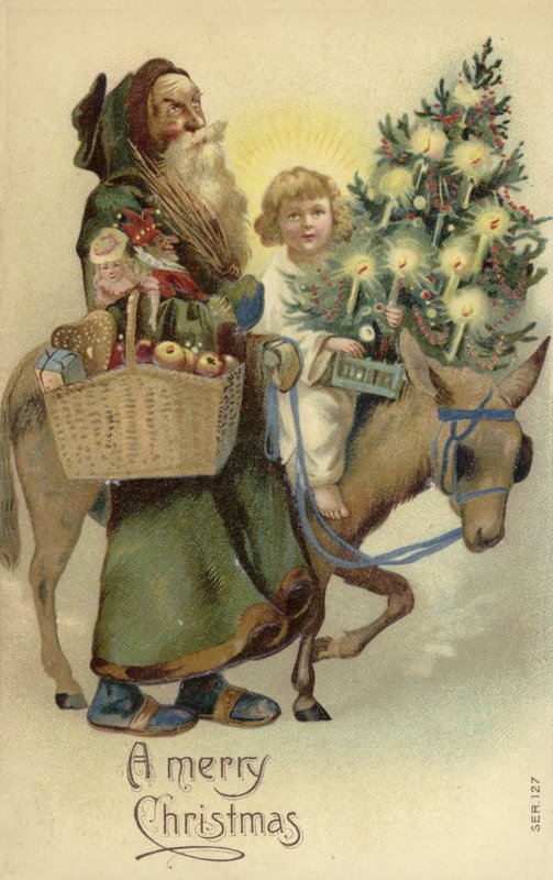 San Nicolás y Jesucristo, con árbol de Navidad y regalos de English School