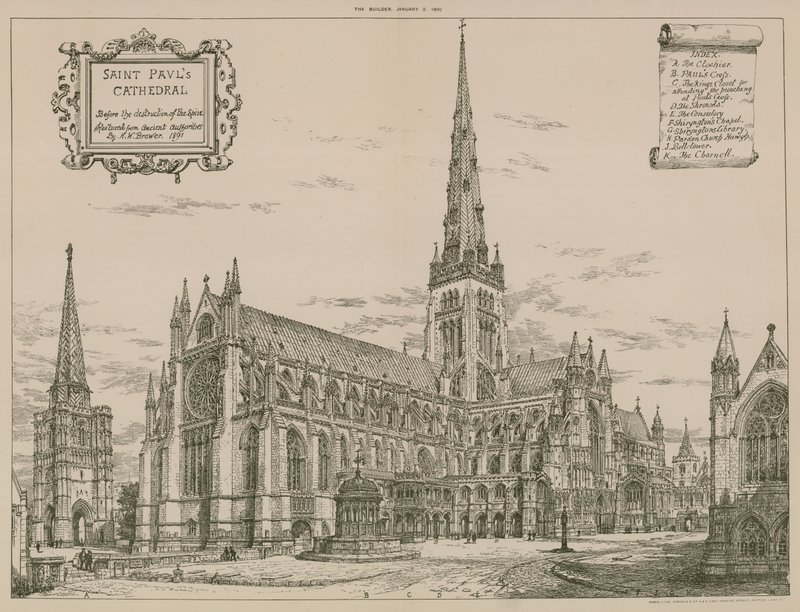 Catedral de San Pablo, Londres, antes de la destrucción de la aguja de English School