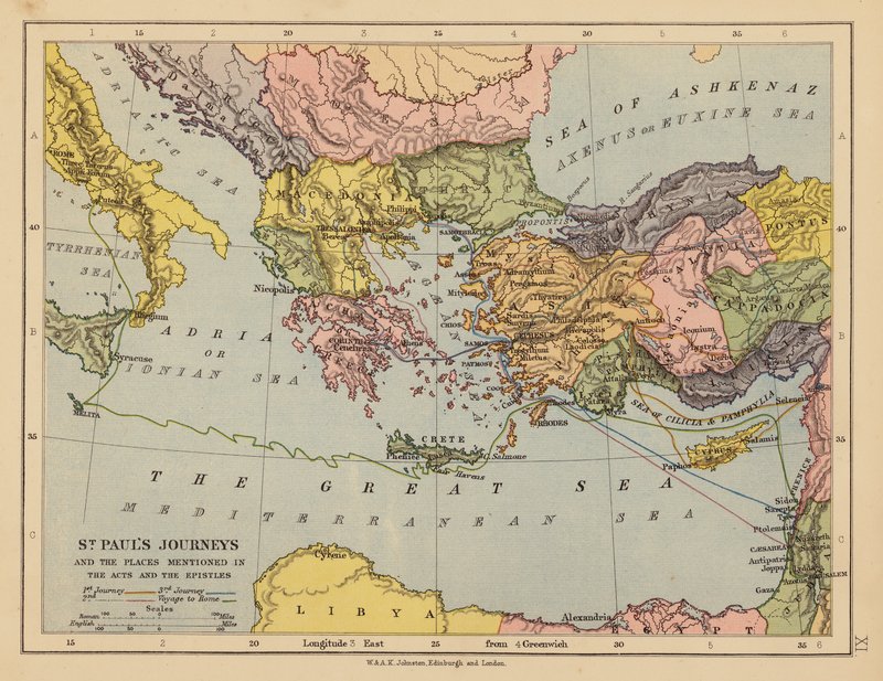 Los viajes de San Pablo y los lugares mencionados en los Hechos y las Epístolas (litografía en color) de English School