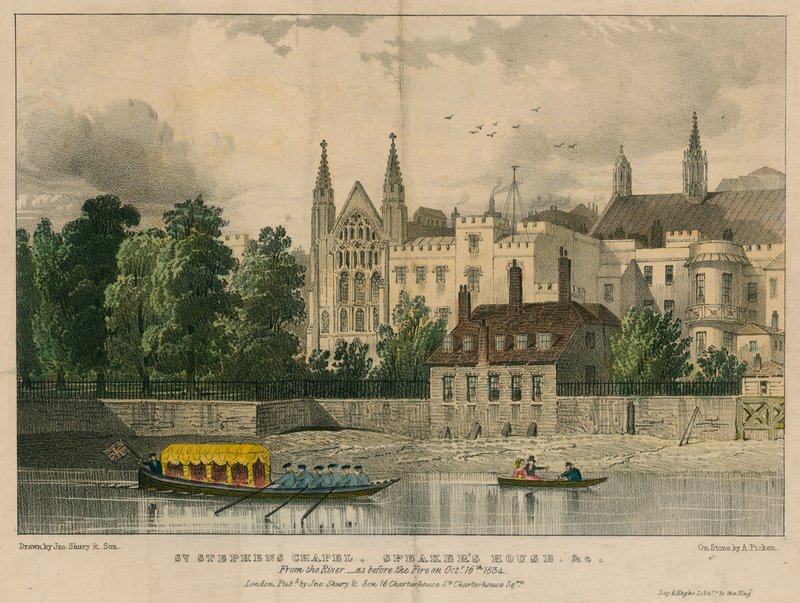 Capilla de San Esteban, Casa del Portavoz, etc., Westminster, Londres, desde el río Támesis de English School