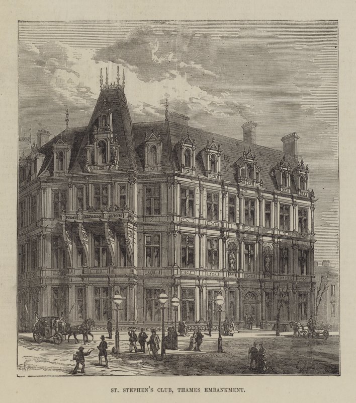 Club St Stephen, Thames Embankment (grabado) de English School