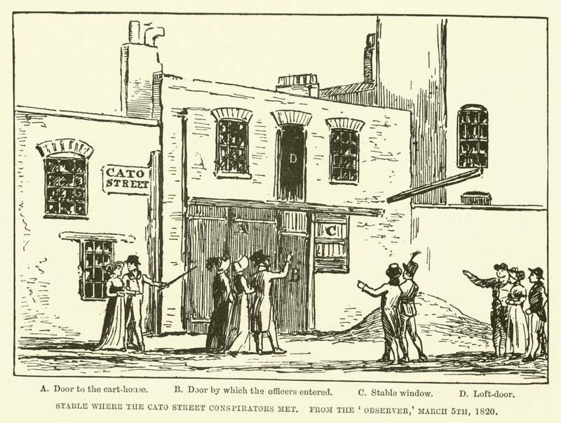 Establo donde se reunieron los conspiradores de Cato Street, del Observer, 5 de marzo de 1820 (grabado) de English School