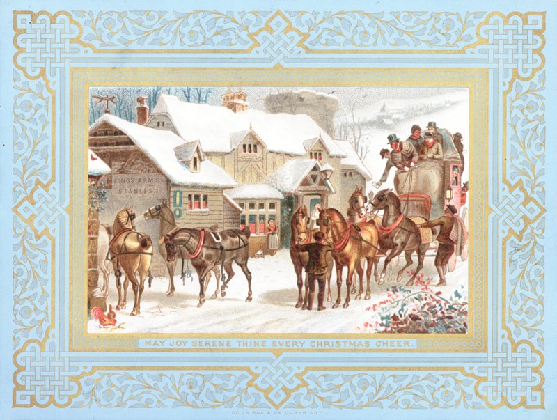 Diligencia y caballos fuera de la taberna, tarjeta de Navidad de English School