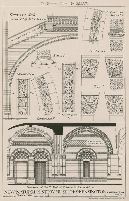 Escalera y arco y elevación de la pared sur del vestíbulo de entrada del nuevo Museo de Historia Natural, South Kensington de English School