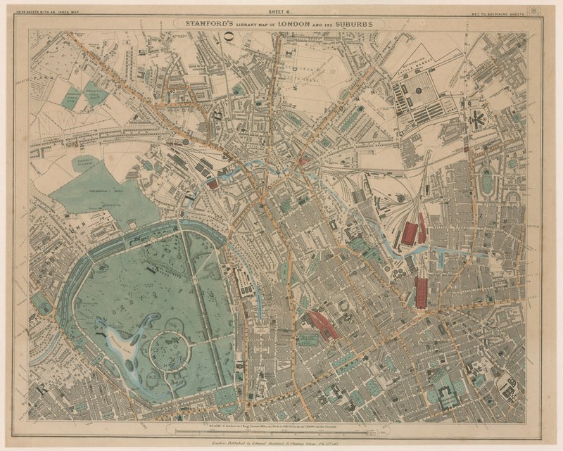 Mapa de la biblioteca de Stanford de Londres y sus suburbios de English School