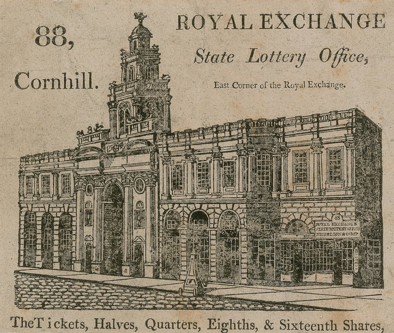 Oficina de la Lotería Estatal, esquina este del Royal Exchange, 88 Cornhill, Londres de English School