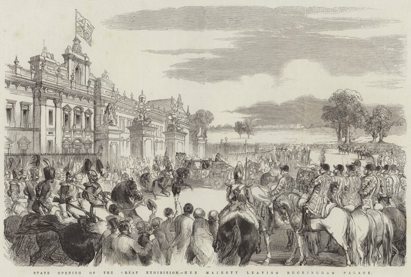 Apertura Estatal de la Gran Exposición, Su Majestad saliendo del Palacio de Buckingham (grabado) de English School