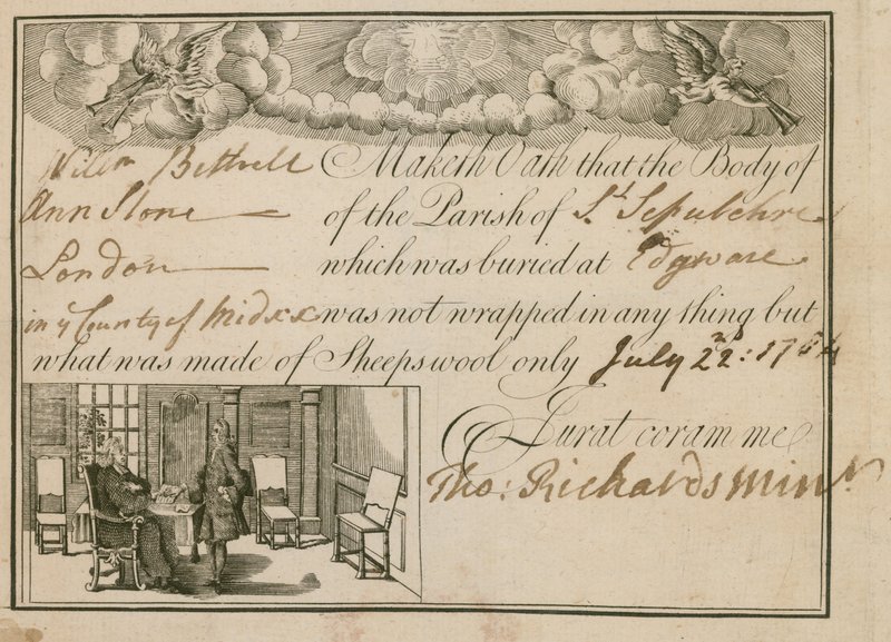 Declaración de que Ann Slone fue enterrada en lana de oveja, 1784 de English School