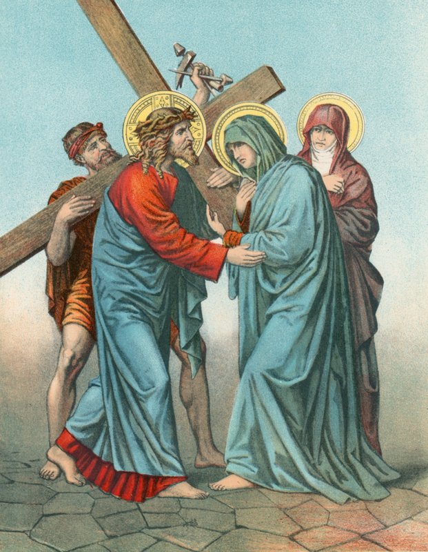 Estación IV Jesús cargando la cruz, se encuentra con su madre más afligida de English School