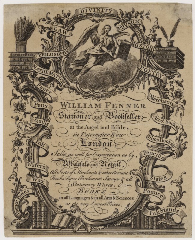 Tarjeta comercial de papelería y librería, William Fenner de English School