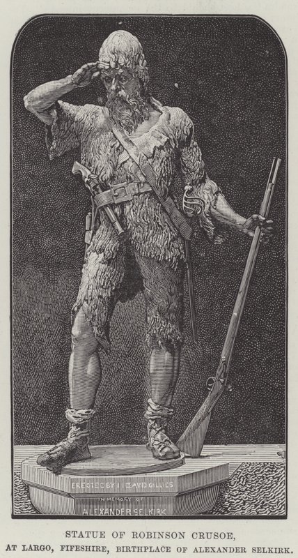 Estatua de Robinson Crusoe, en Largo, Fifeshire, lugar de nacimiento de Alexander Selkirk (grabado) de English School